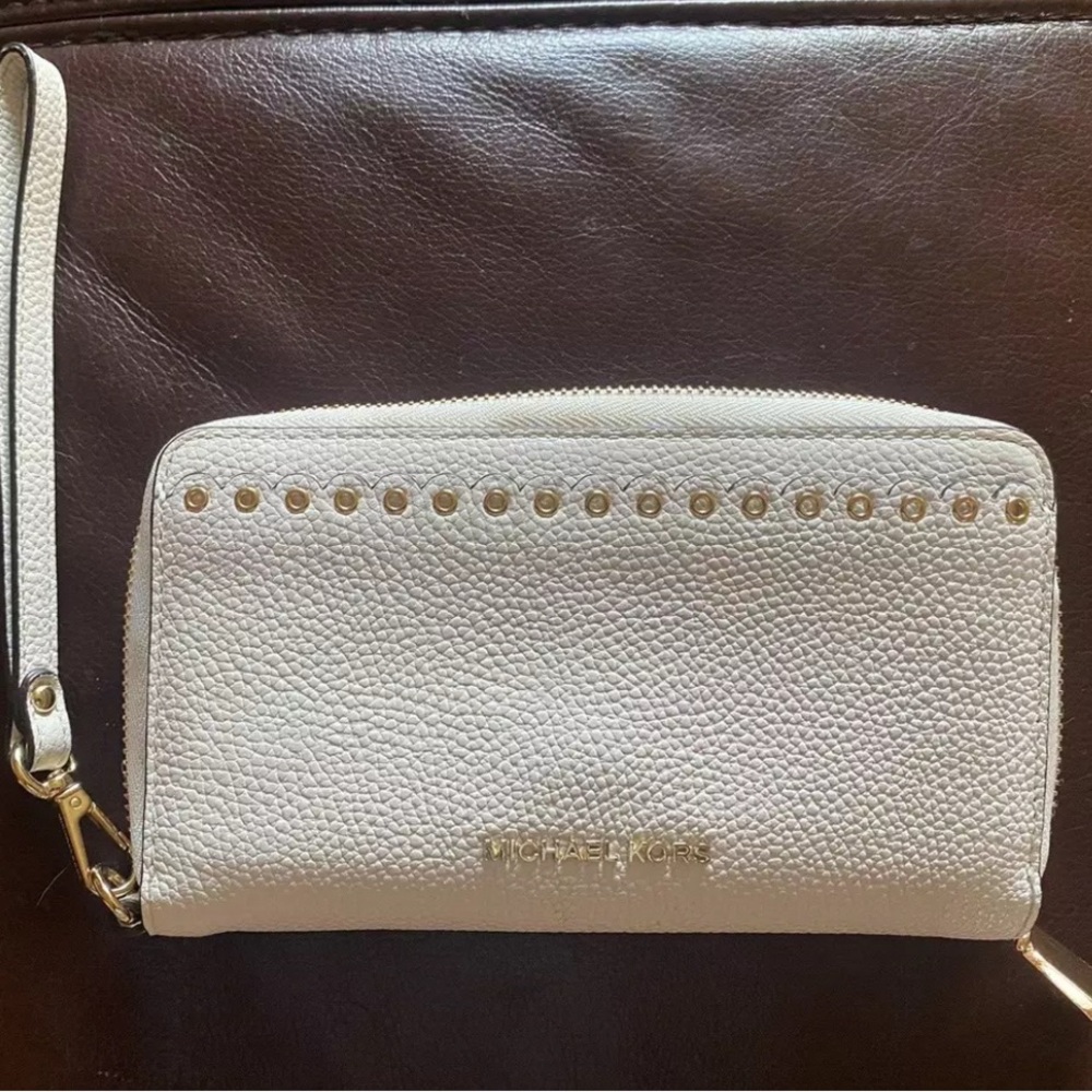 MICHAEL KORS LARGE TECH SMARTPHONE LEATHER WRISTLET WALLET OPTIC WHITE NEW